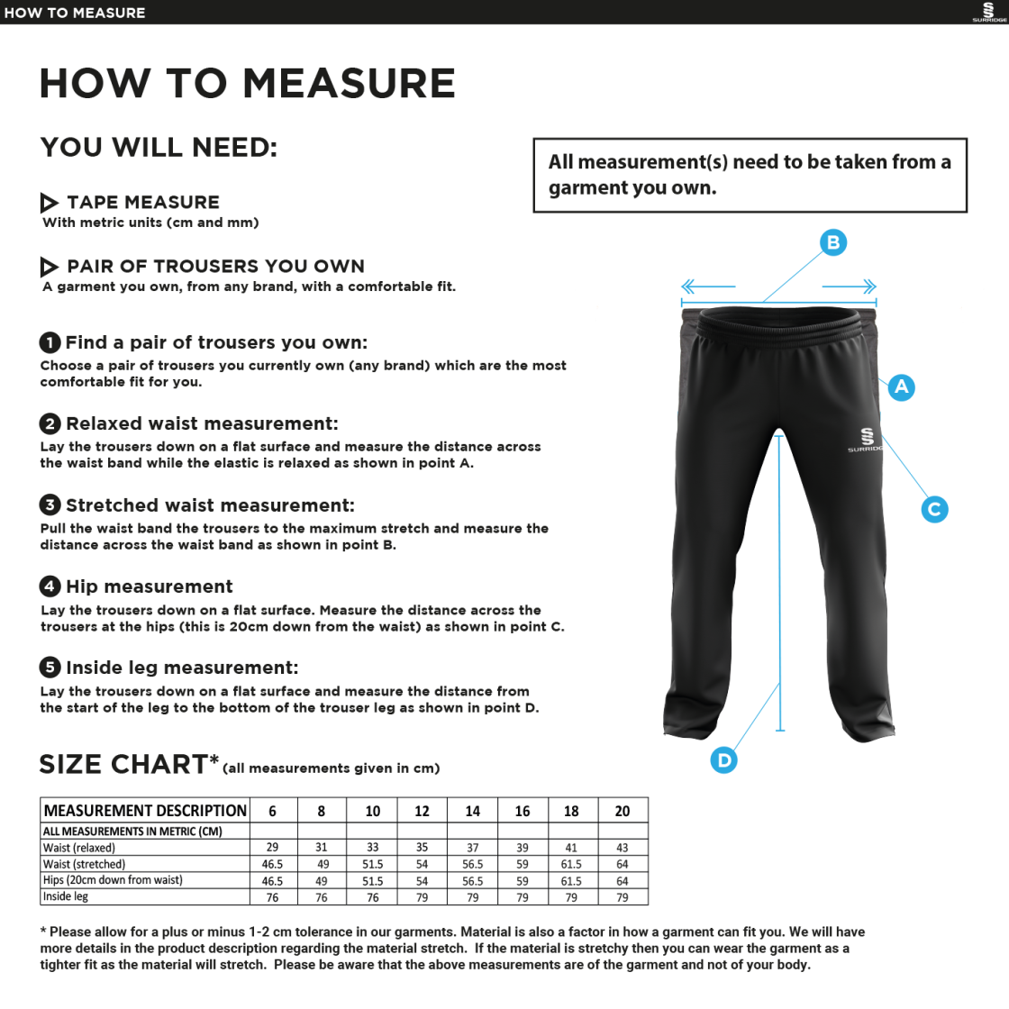 Tickhill CC - Women's Poplin Track Pant - Size Guide