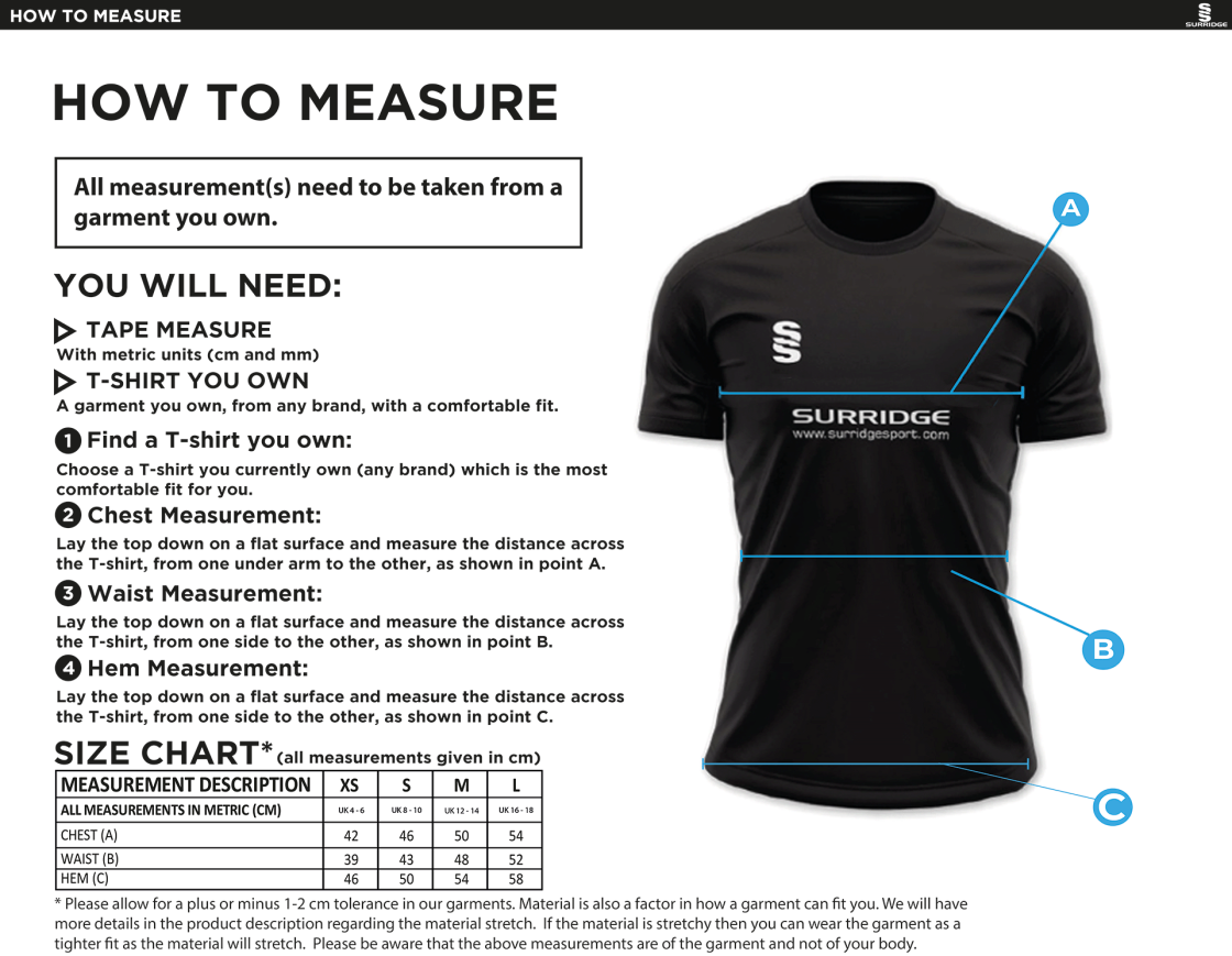 Tickhill CC - Women's Dual Games Shirt - Size Guide