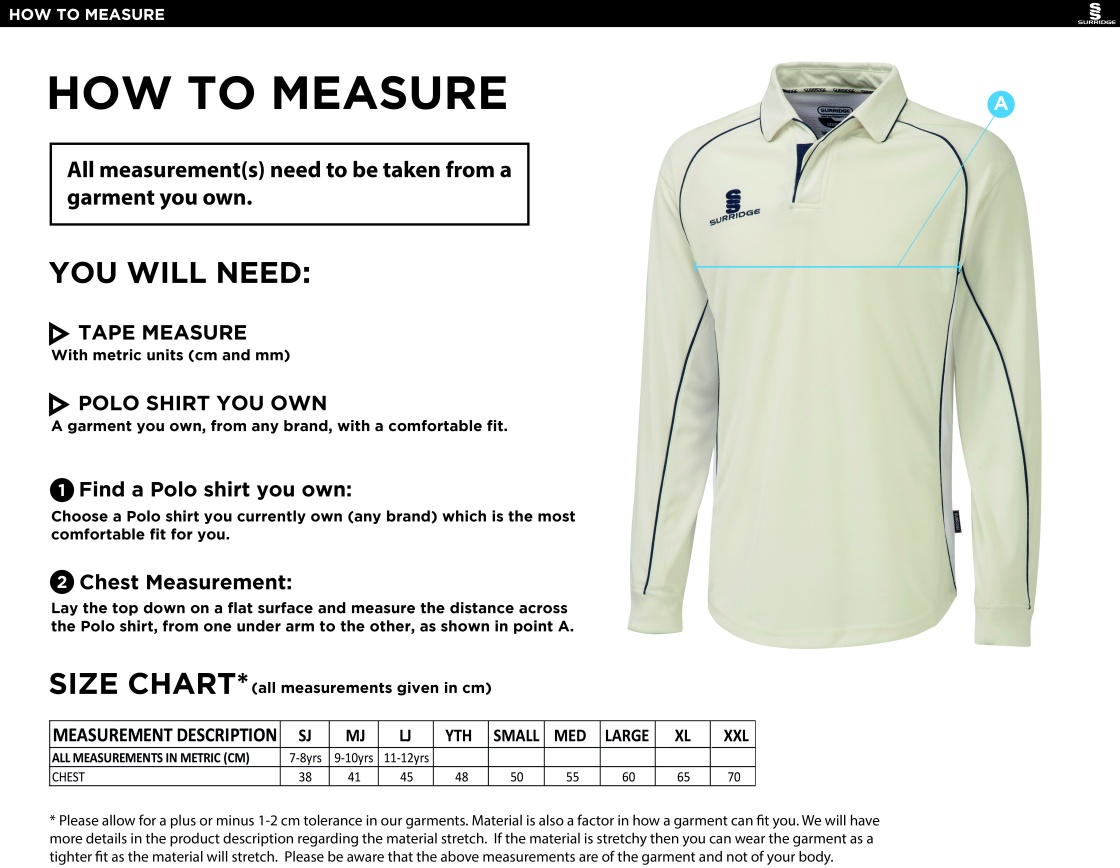 Tickhill CC - Premier Long Sleeve Playing Shirt - Size Guide