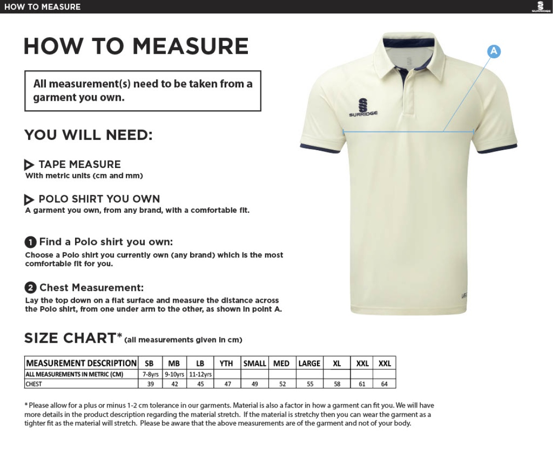 Tickhill CC - Dual Short Sleeve Playing Shirt - Size Guide