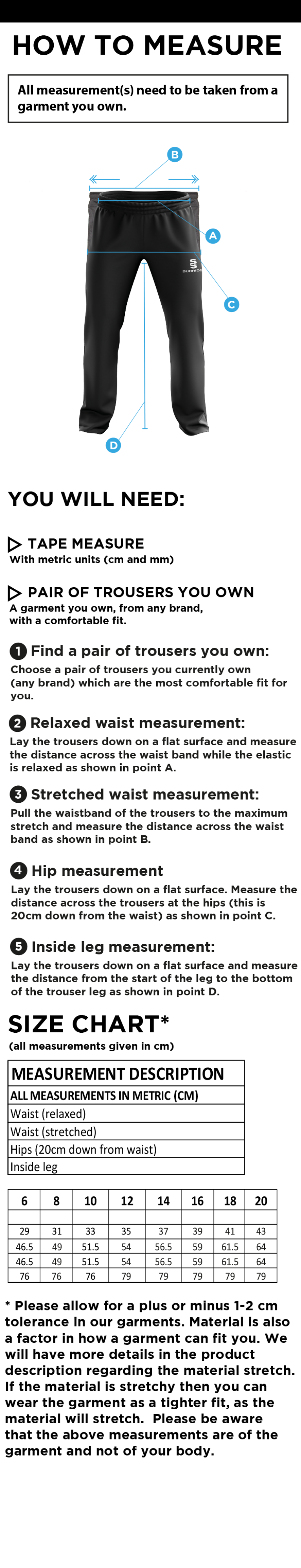 Tickhill CC - Women's Poplin Track Pant - Size Guide