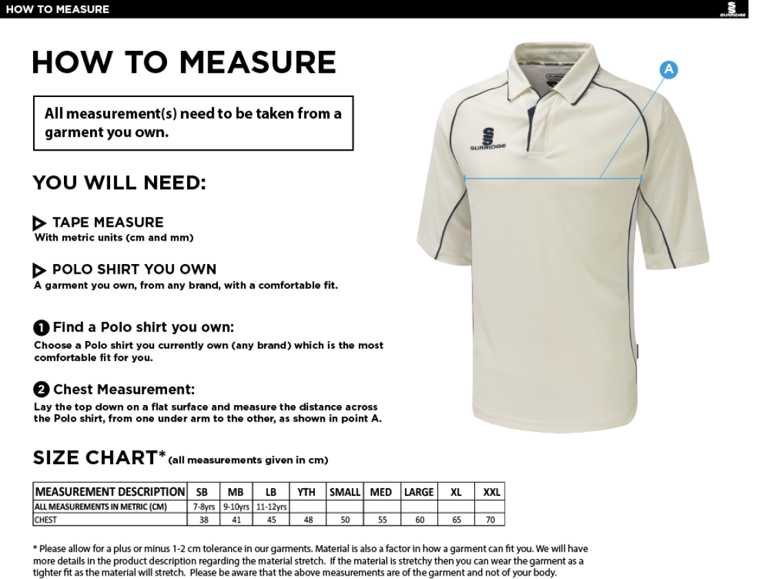 Tickhill CC - Premier 3/4 Sleeve Playing Shirt - Size Guide