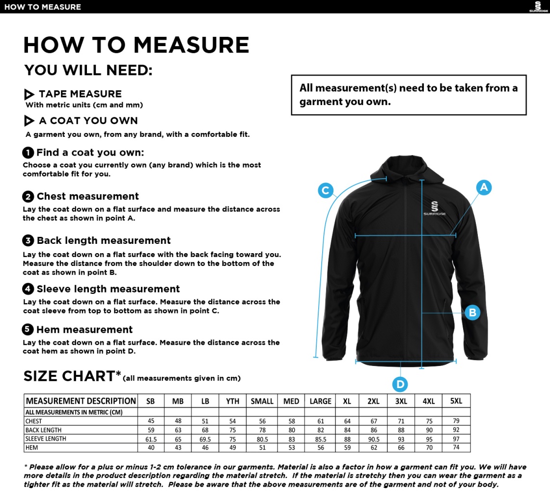 Tickhill CC - Lightweight Full Zip Training Jacket - Size Guide