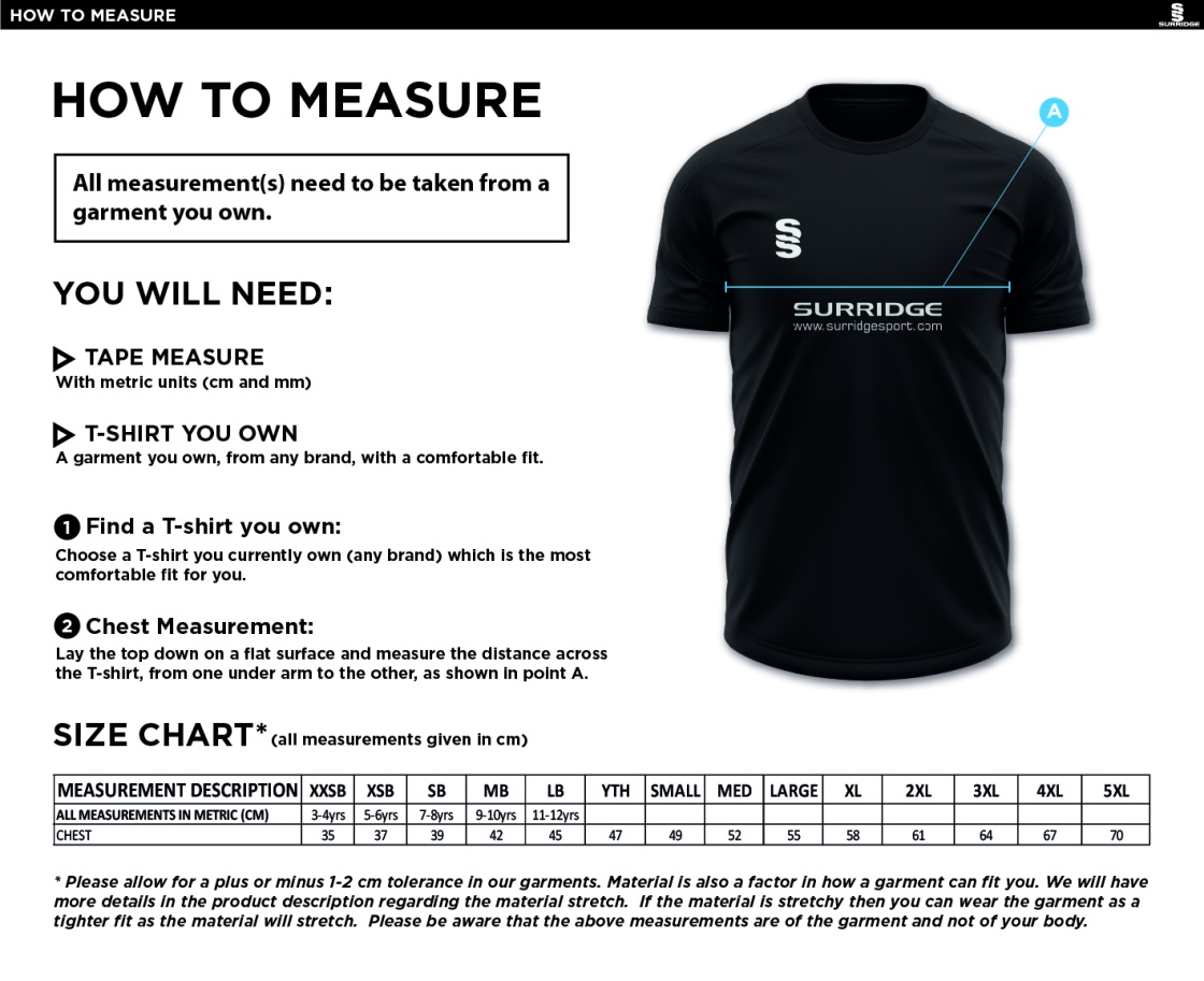 Tickhill CC - Dual Gym T-shirt - Unisex Fit - Size Guide