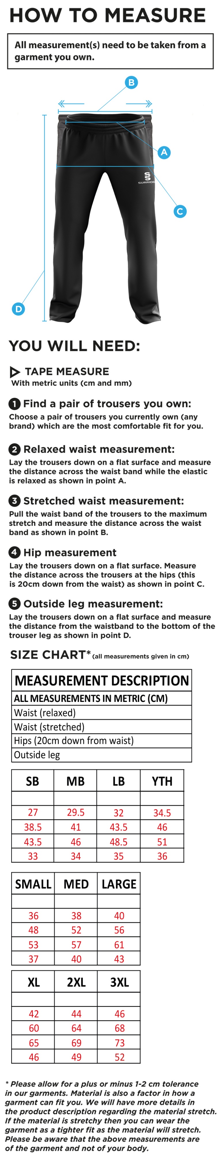 Tickhill CC - Ripstop Track Pant - Size Guide