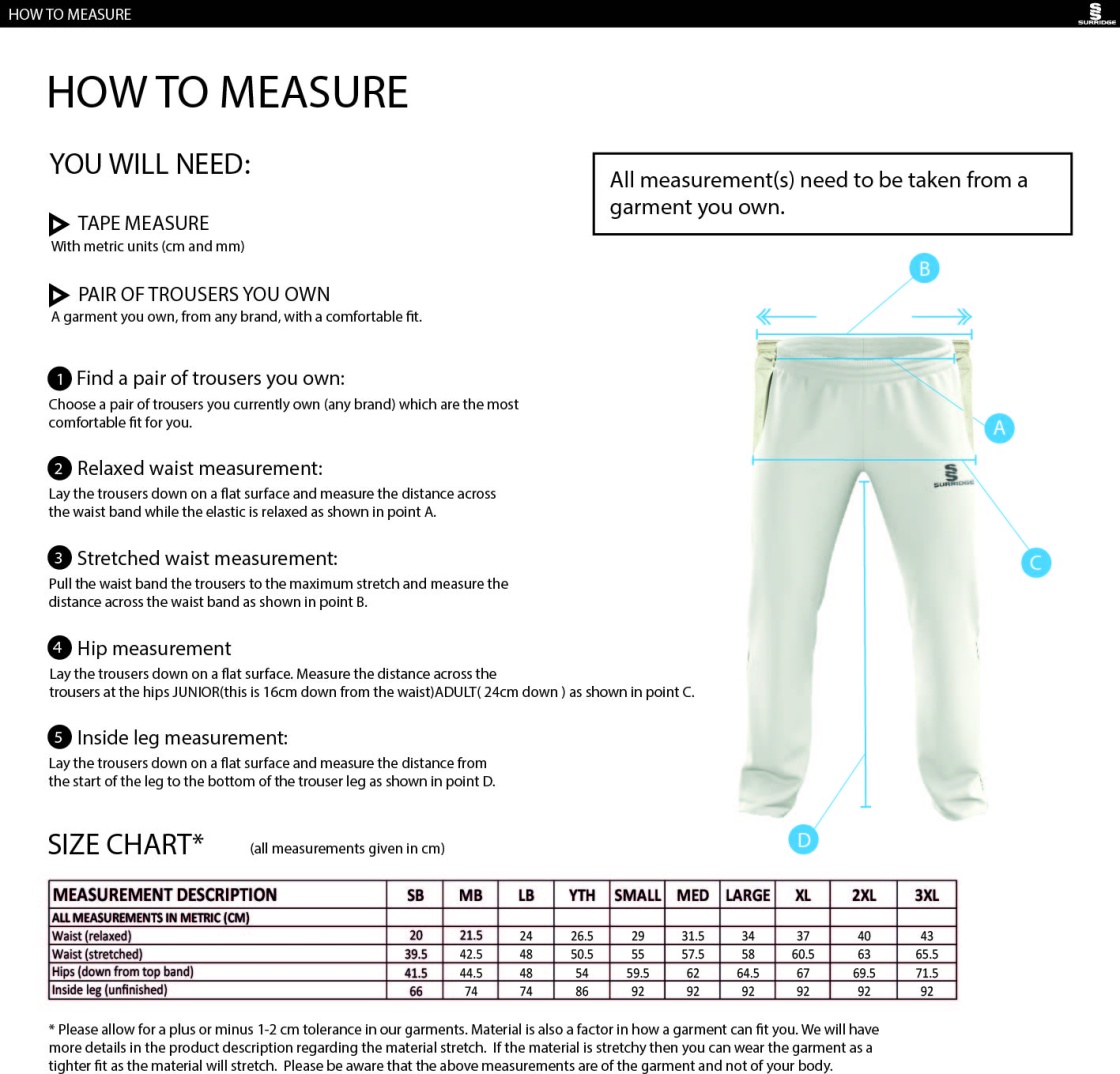 Tickhill CC - Standard Playing Pant - Size Guide