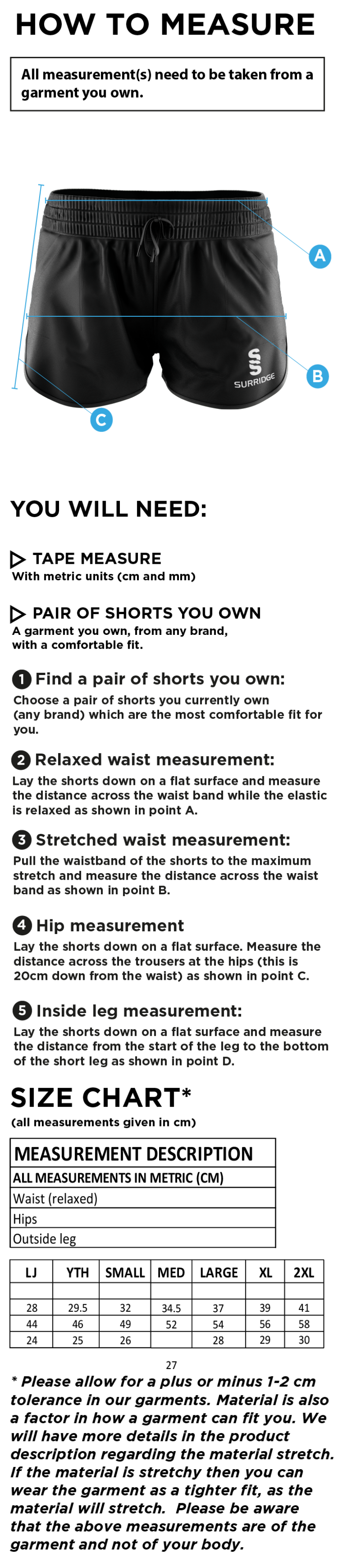 Tickhill CC - Ladies Dual Short - Size Guide