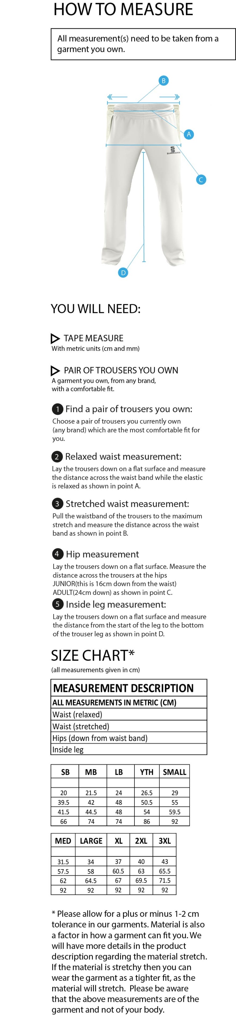 Tickhill CC - Standard Playing Pant - Size Guide