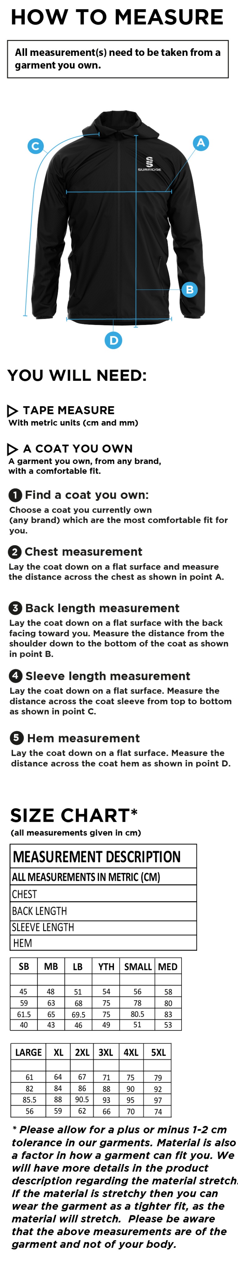 Tickhill CC - Lightweight Full Zip Training Jacket - Size Guide