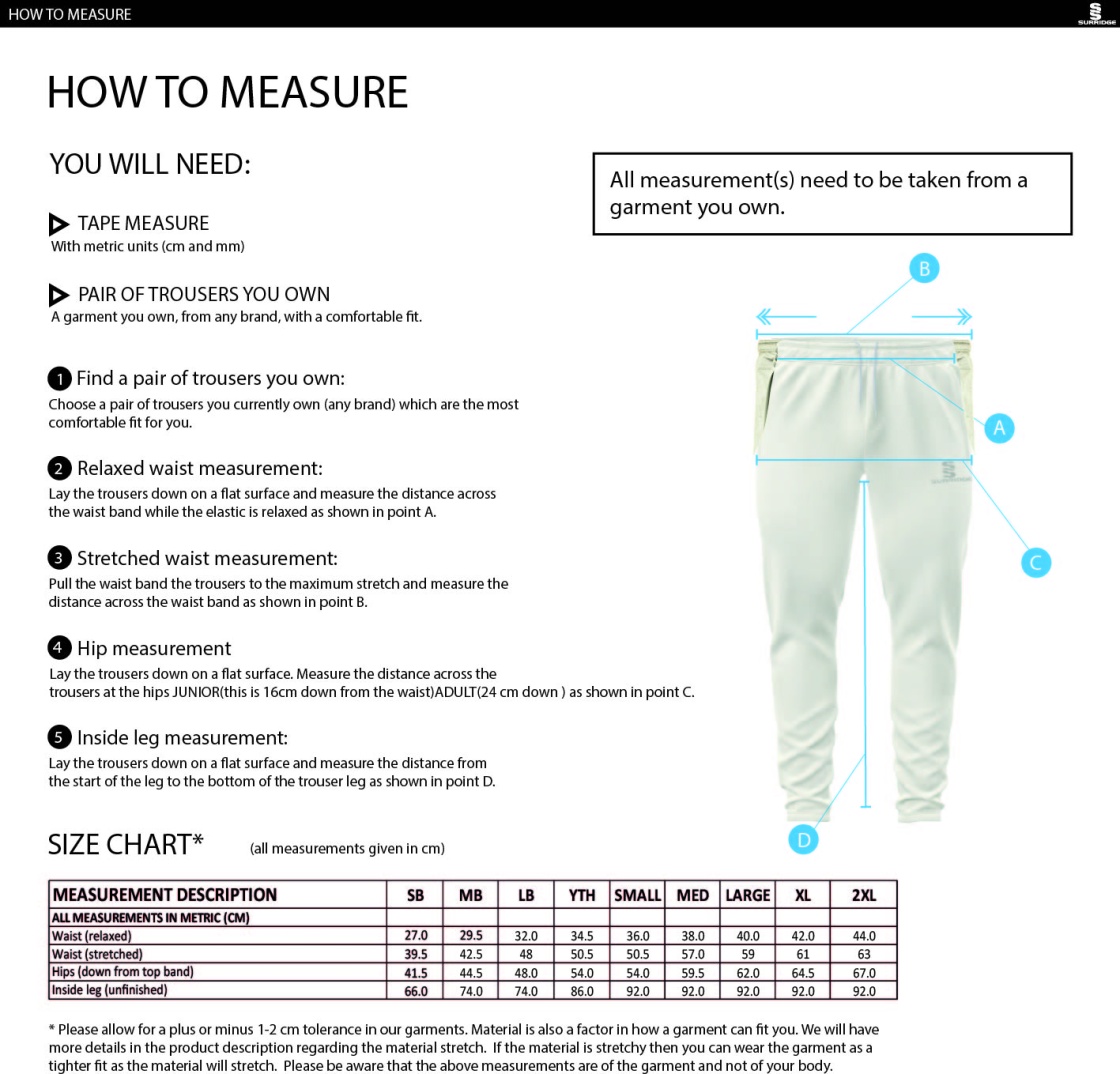 Tickhill CC - Coloured Cricket Trousers - Size Guide