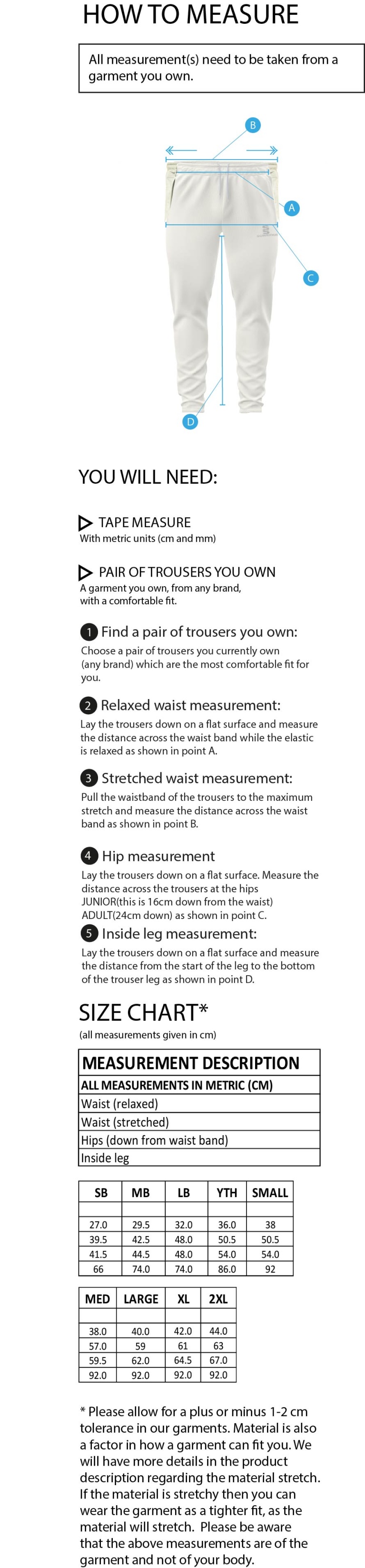 Tickhill CC - Coloured Cricket Trousers - Size Guide