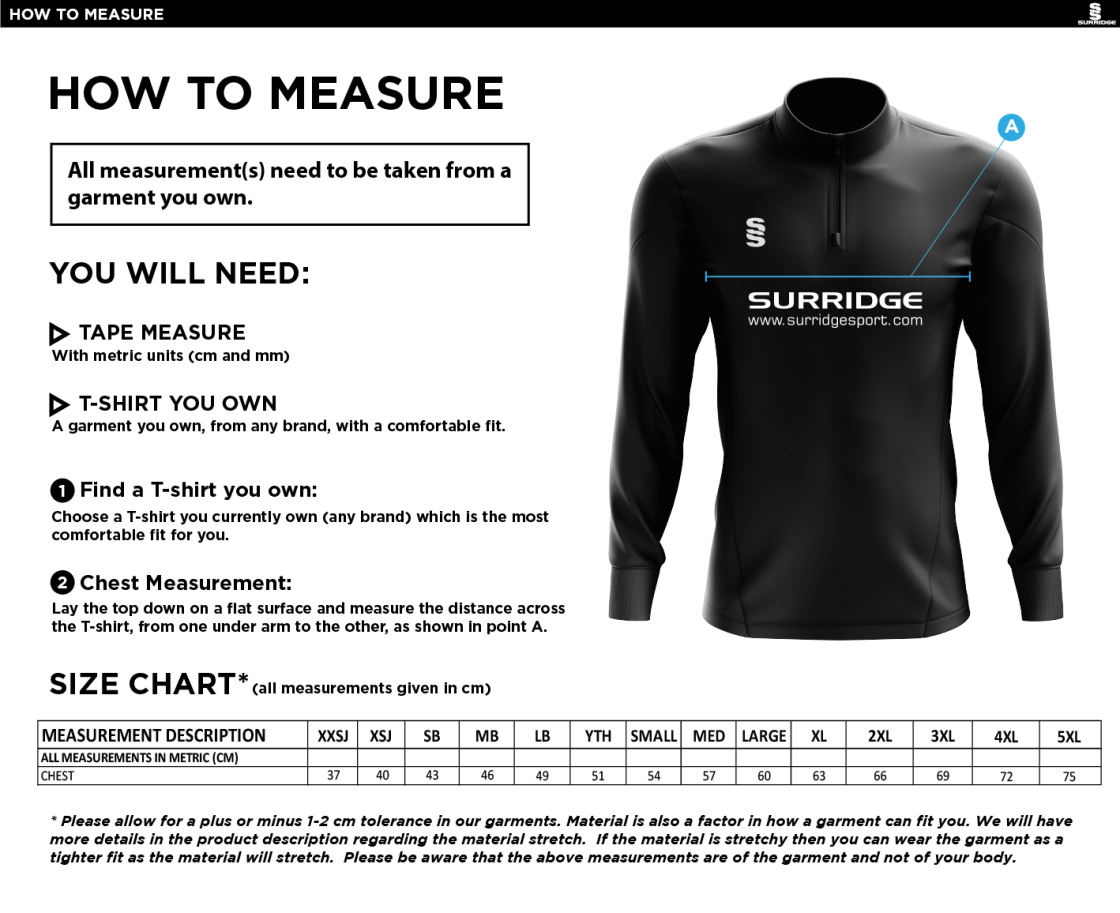 Tickhill CC - Dual Performance 1/4 Zip Top - Size Guide