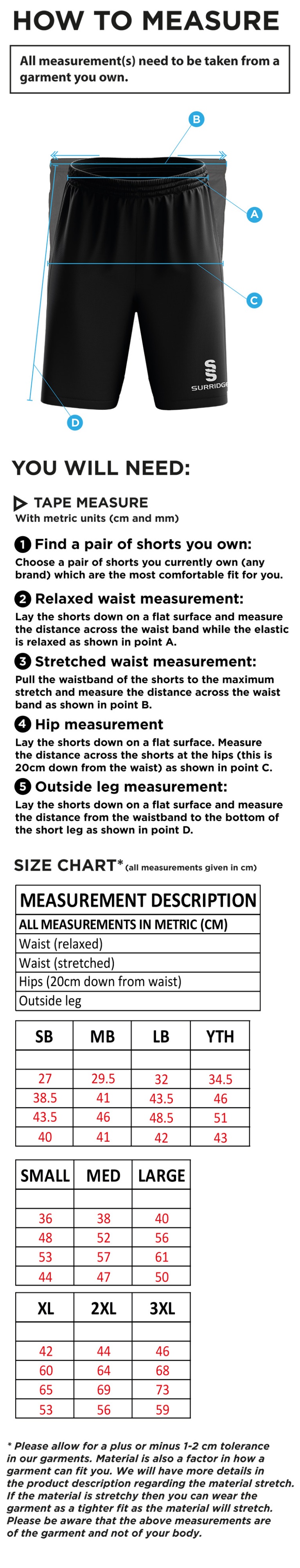 Tickhill CC - Ripstop Leisure Shorts - Size Guide