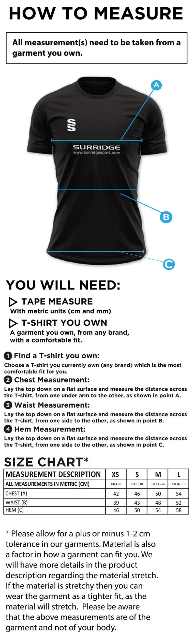 Tickhill CC - Women's Dual Polo Shirt - Size Guide