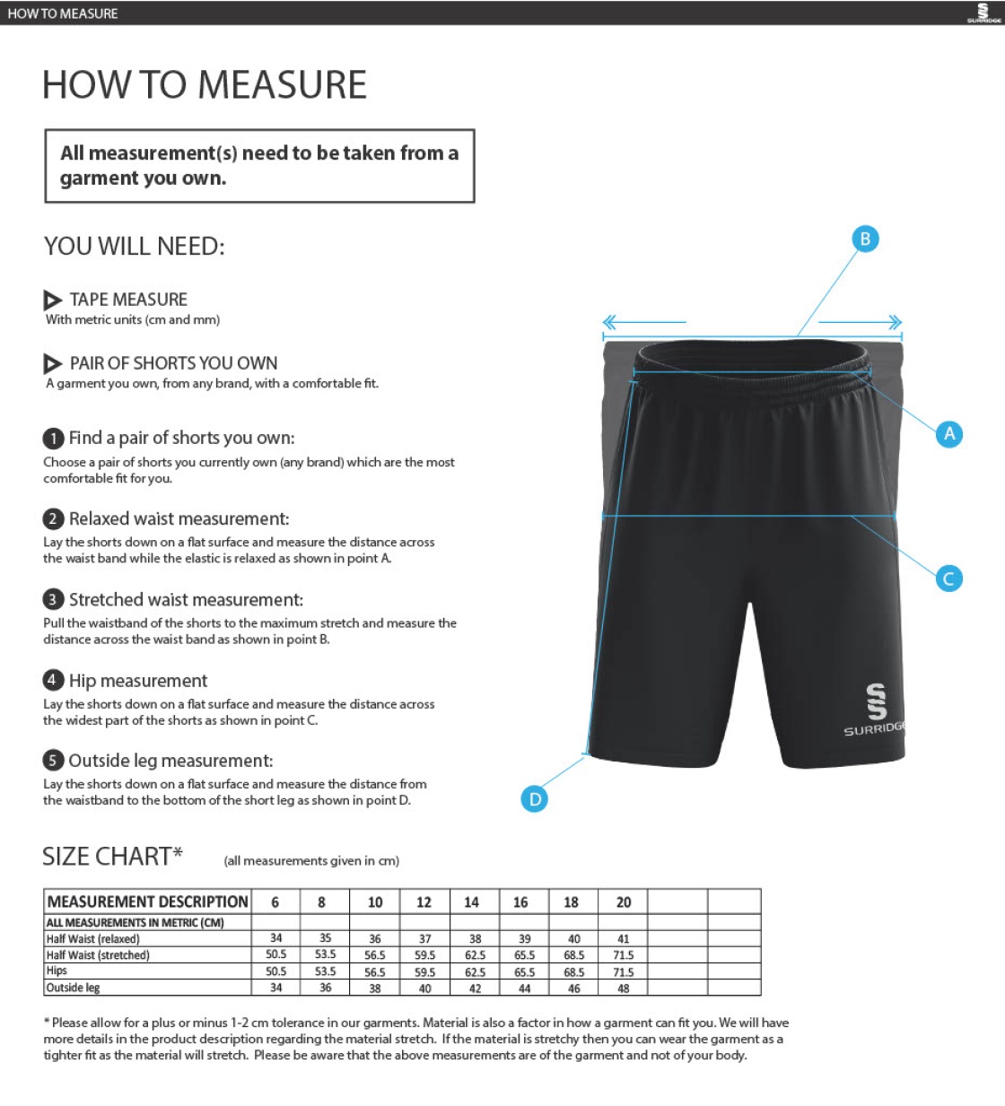 Tickhill CC - Women's Ripstop Leisure Shorts - Size Guide