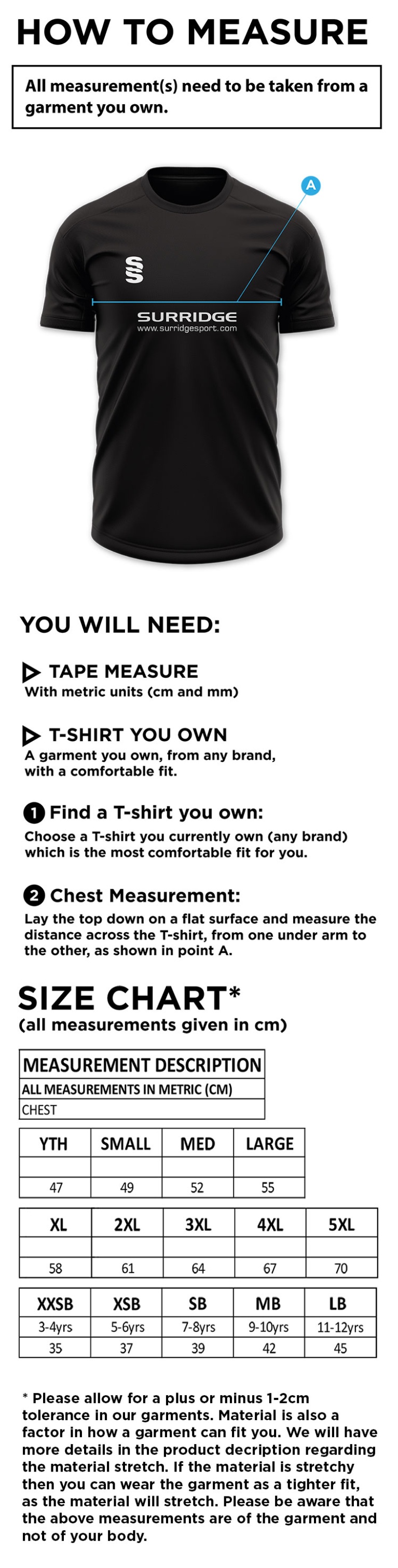 Tickhill CC - Dual Gym Shirt - Size Guide