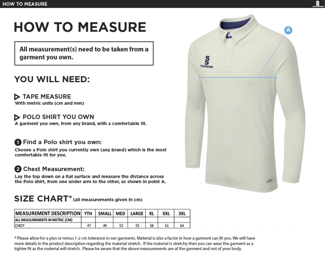 Tickhill CC - Dual Long Sleeve Playing Shirt - Size Guide