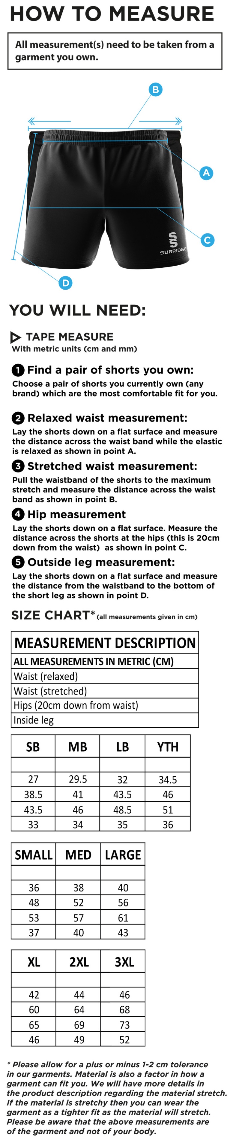 Tickhill CC - Performance Gym Short - Unisex Fit - Size Guide