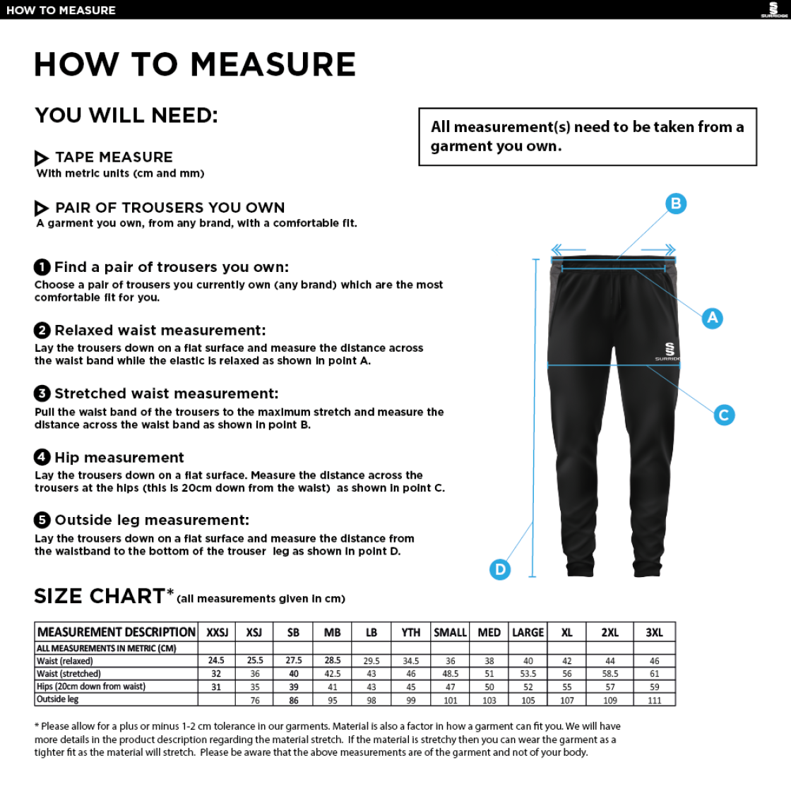 Tickhill CC - Slim Training Pants - Size Guide