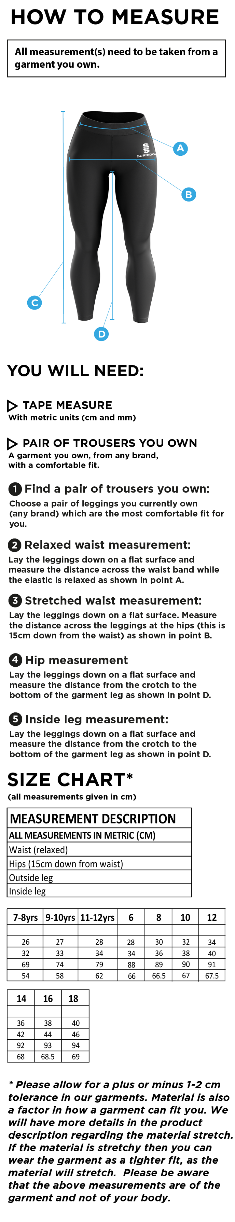 Tickhill CC - Performance Full Length Leggings - Size Guide