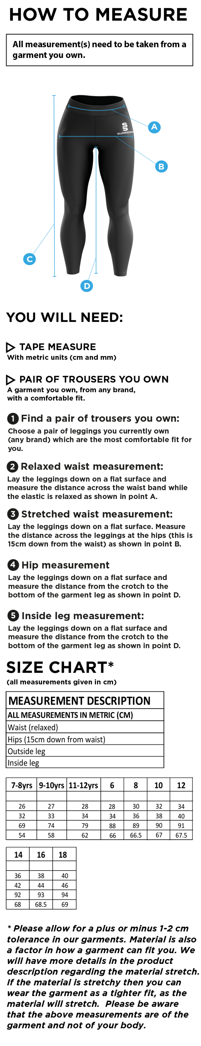 Tickhill CC Performance Full Length Leggings - Size Guide