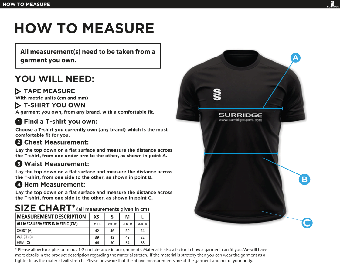 Tickhill CC - Dual Games Shirt - Women's Fit - Size Guide