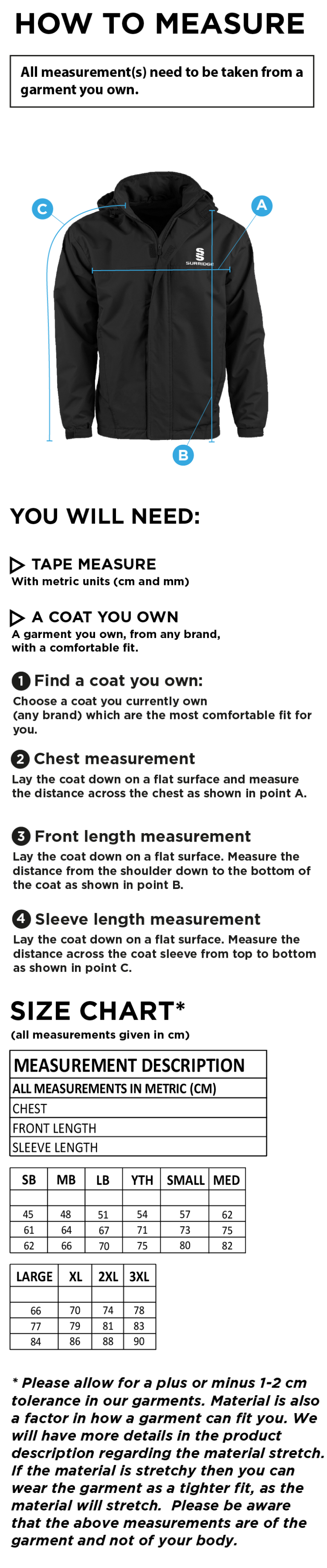 Tickhill CC - Fleeced Line Jacket - Size Guide