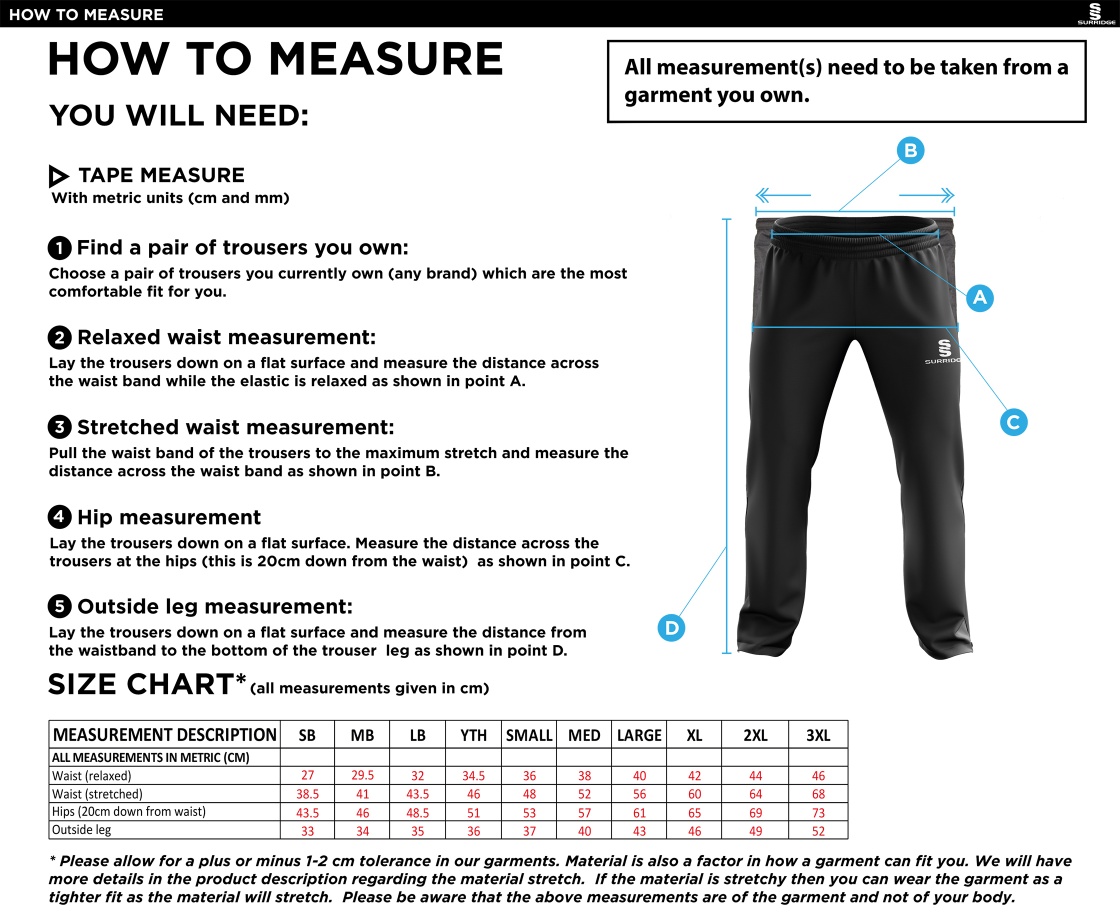 Tickhill CC - Ripstop Track Pant - Size Guide