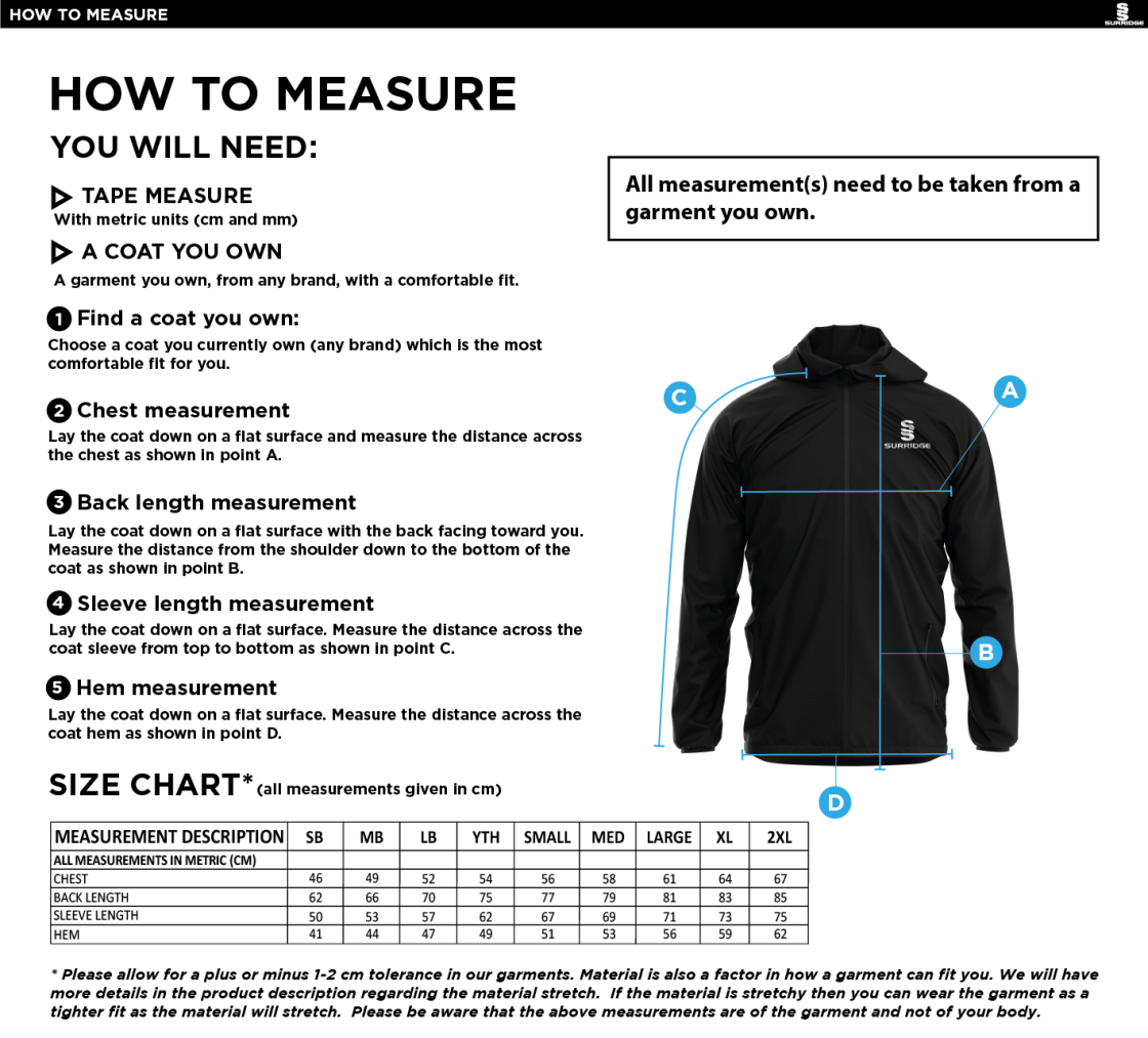 Tickhill CC - Lightweight Full Zip Training Jacket - Size Guide