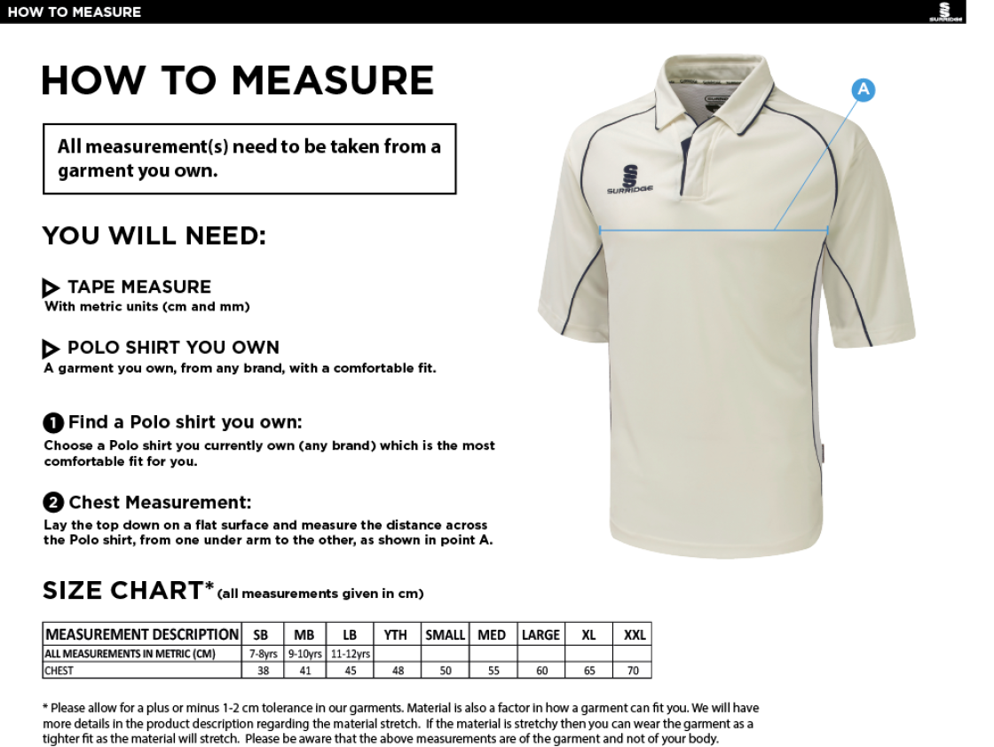 Tickhill CC - Premier 3/4 Sleeve Playing Shirt - Size Guide