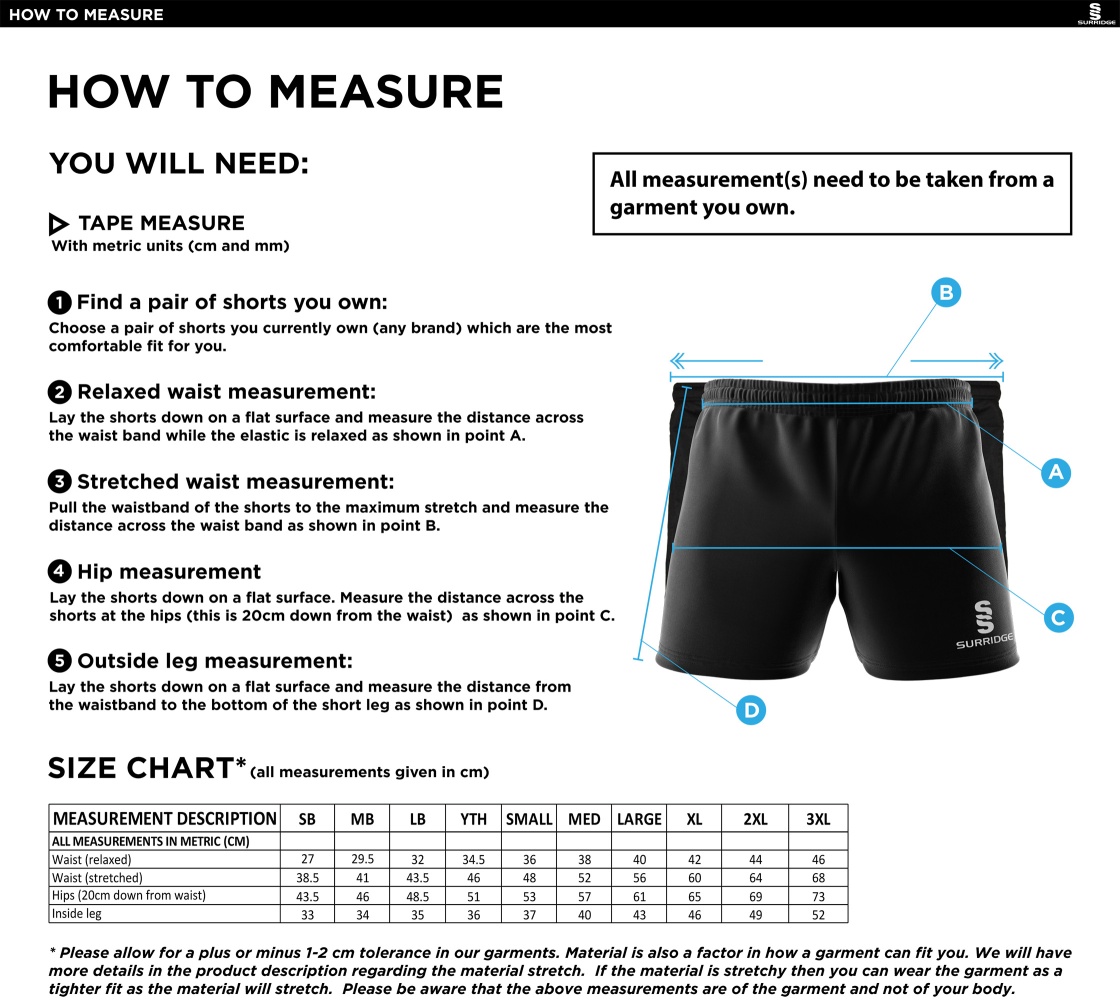 Tickhill CC - Performance Gym Short - Unisex Fit - Size Guide