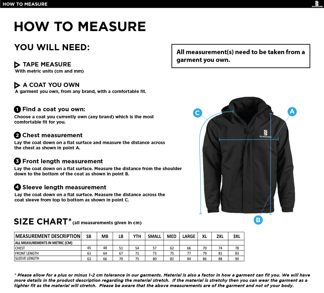 Tickhill CC - Fleeced Line Jacket - Size Guide