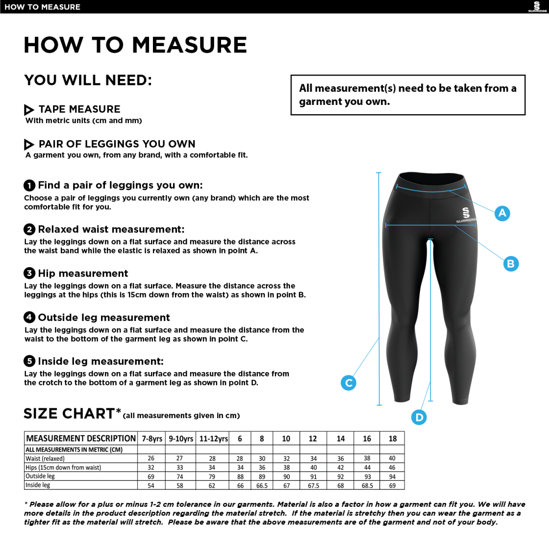 Tickhill CC - Performance Full Length Leggings - Size Guide