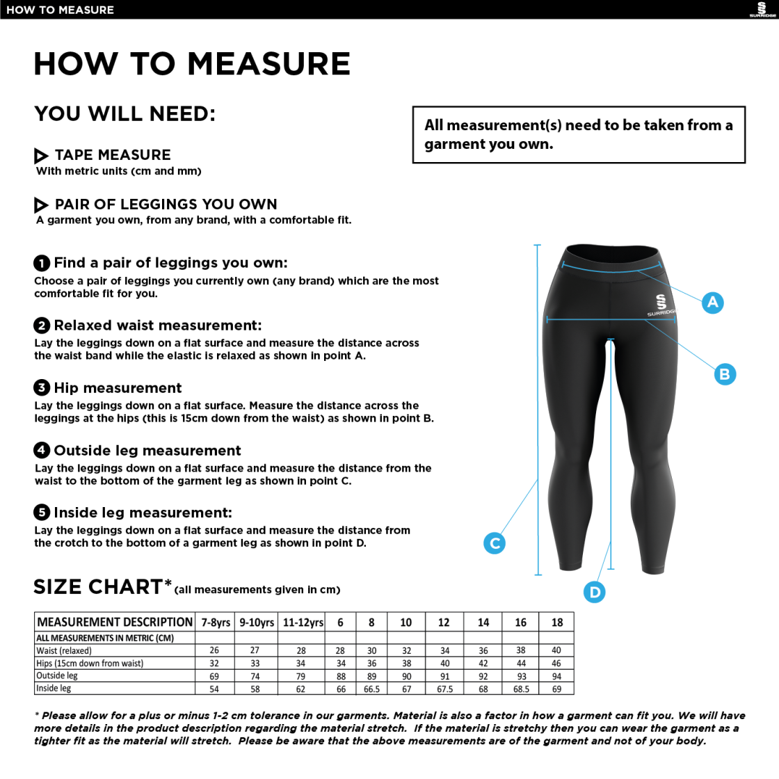 Tickhill CC Performance Full Length Leggings - Size Guide