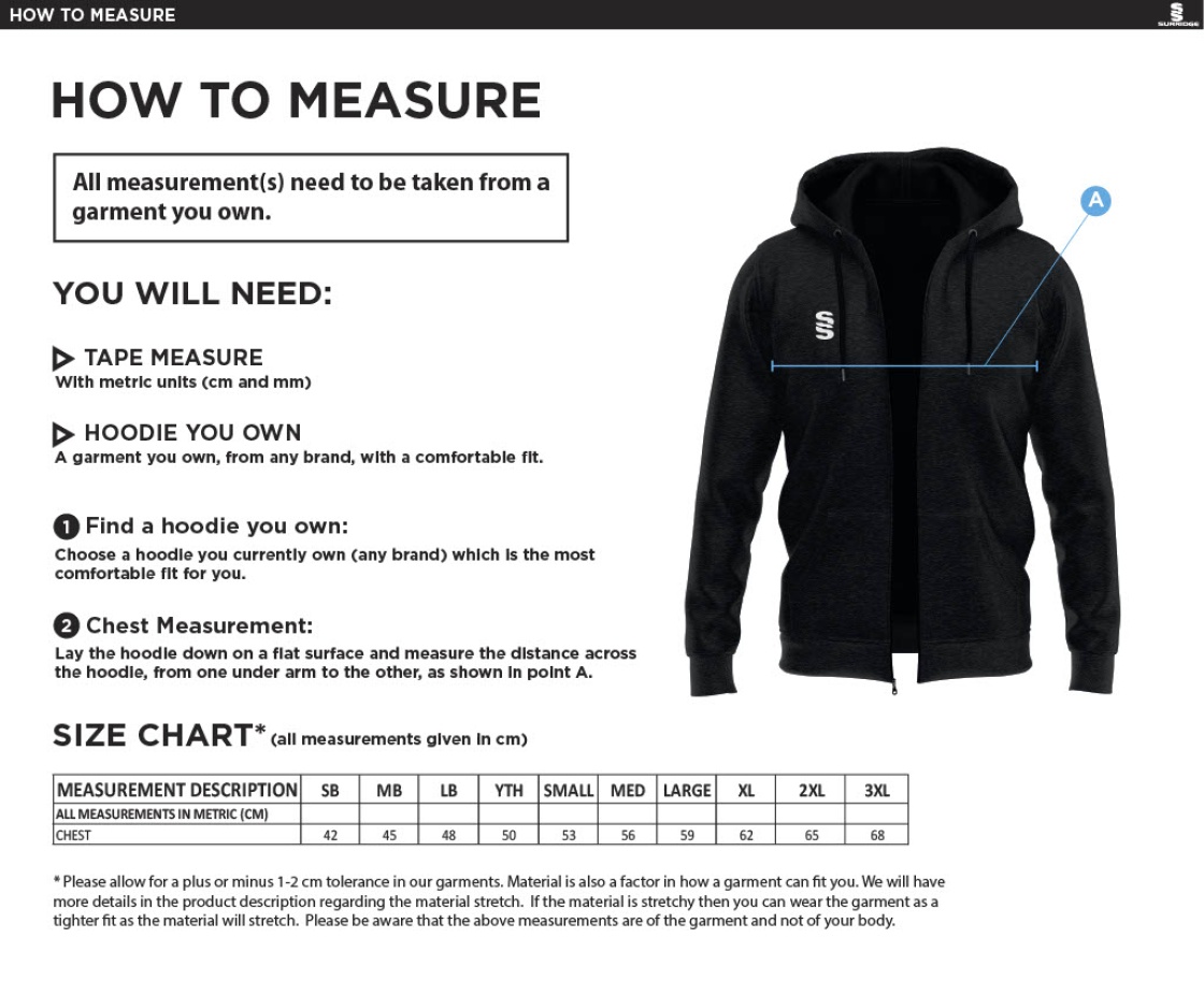 Tickhill CC - Dual Bonded Full Zip Hoody - Size Guide