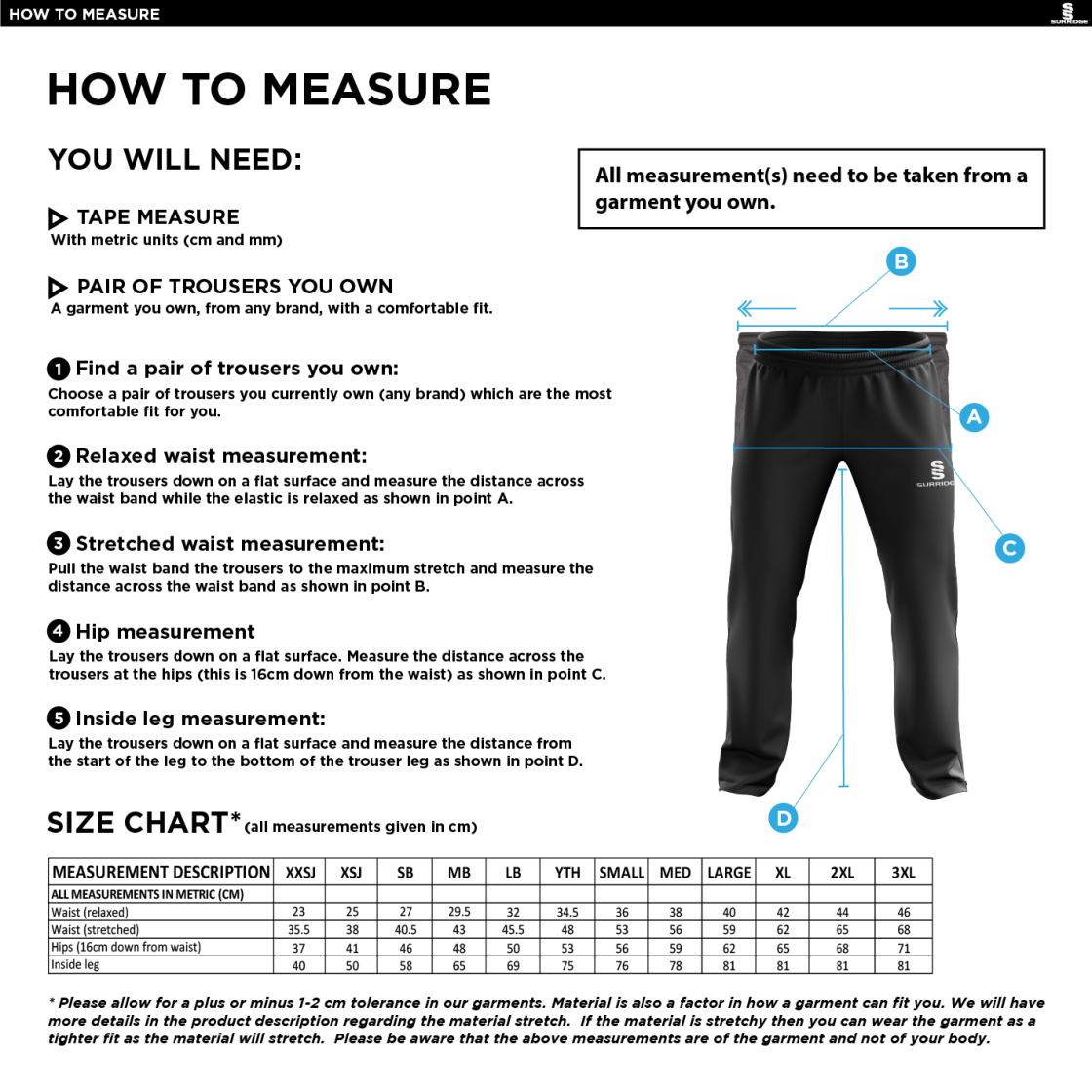 Tickhill CC - Poplin Track Pant - Size Guide