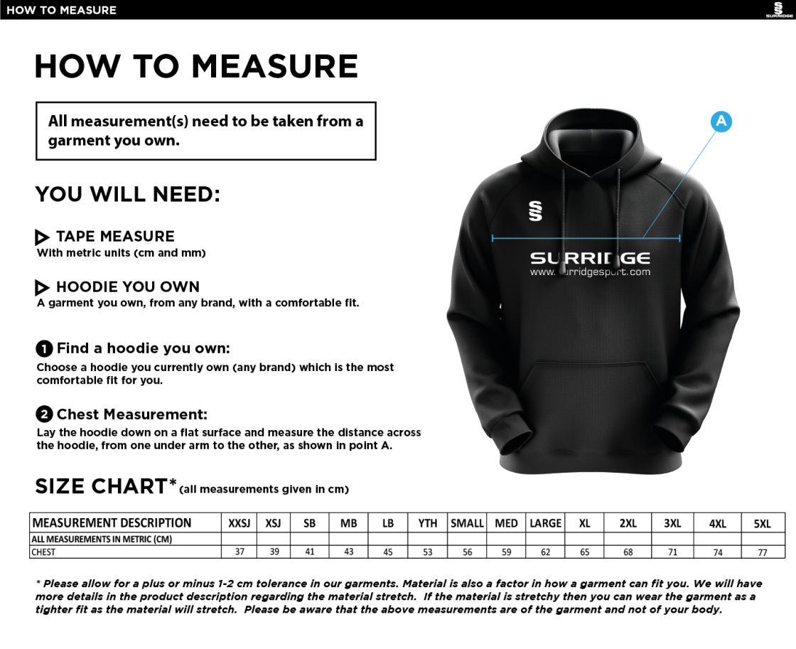 Tickhill CC - Fuse Hoody - Unisex Fit - Size Guide