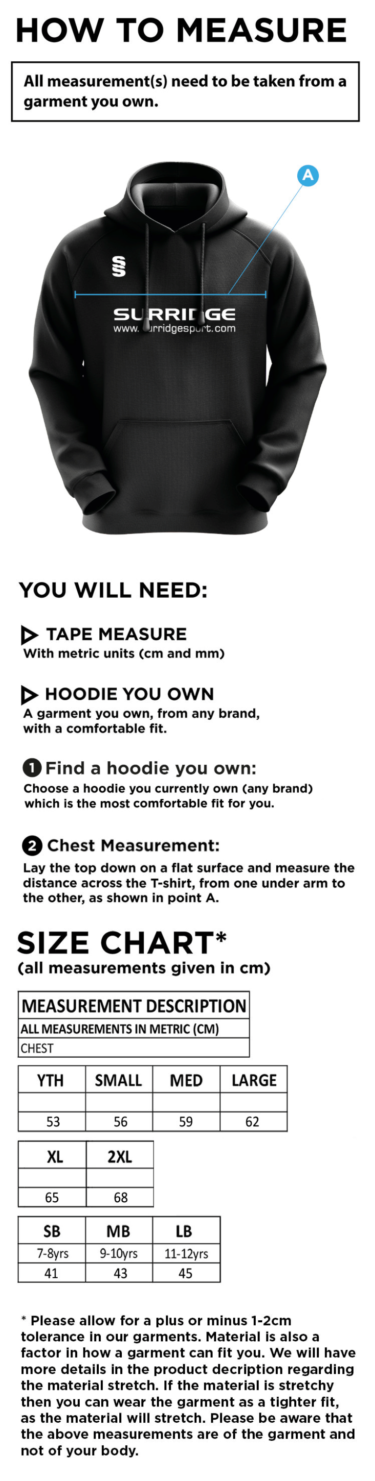 Tickhill CC - Blade Hoody - Size Guide